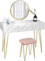 naqsh store kaptafel met kruk en spiegel, 360 graden draaibaar, make-up-spiegel, kaptafel met 3 laden, gevoerde fluwelen kruk, 3D-effect lade, wit en goud
