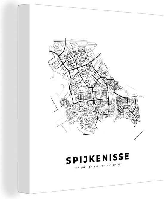 Canvas Schilderij Kaart – Plattegrond – Stadskaart – Spijkenisse – Nederland – Zwart Wit - 50x50 cm - Wanddecoratie