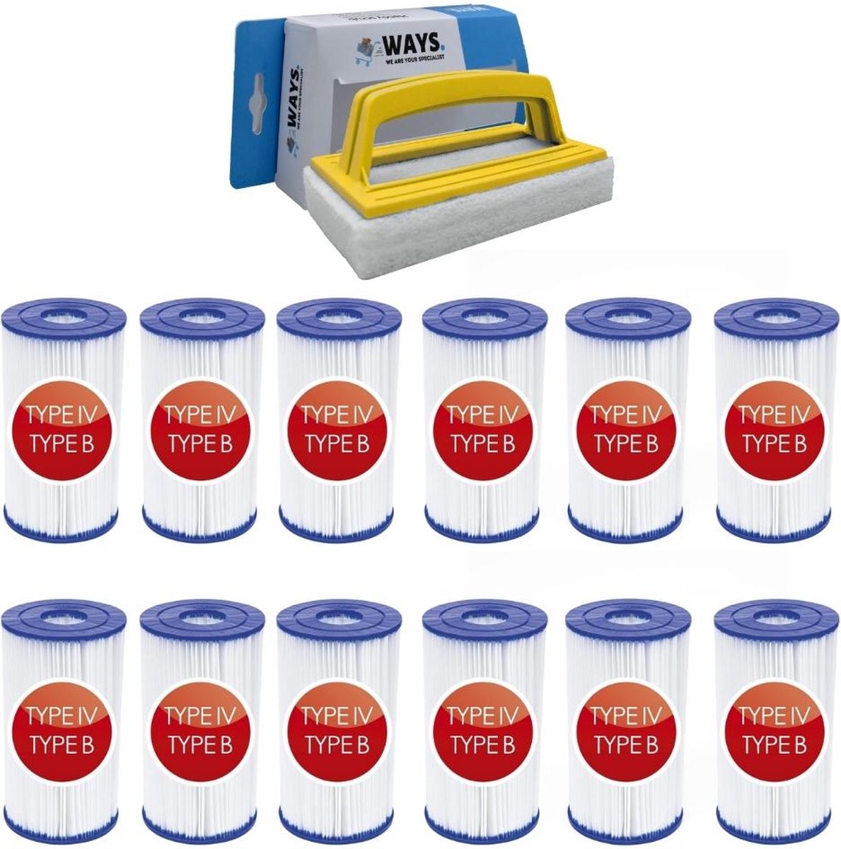 Bestway - Type IV filters geschikt voor filterpomp 58391 - 12 stuks & WAYS scrubborstel