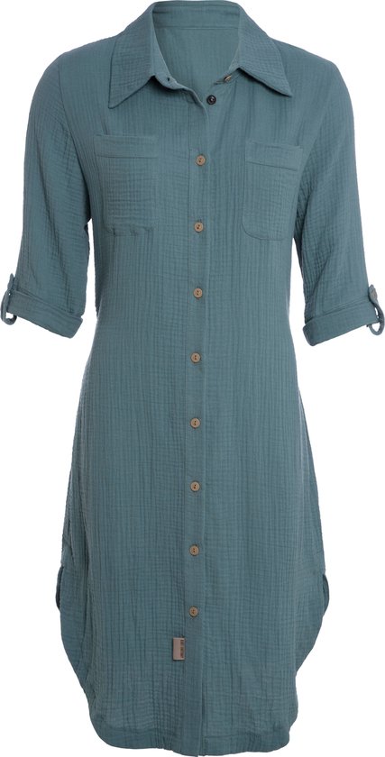 Knit Factory Kim Dames Blousejurk - Lange blouse dames - Blouse jurk groen - Zomerjurk - Overhemd jurk - S - Stone Green - 100% Biologisch katoen - Knielengte