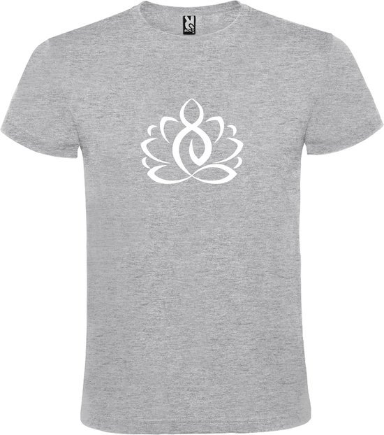 Grijs  T shirt met  print van "Lotusbloem met Boeddha " print Wit size M