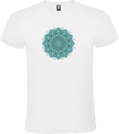 Wit T-shirt met Grote Mandala in Blauw/Groene tint size XL