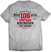 106 Jaar Legend - Feest kado T-Shirt Heren / Dames - Antraciet Grijs / Rood - Perfect Verjaardag Cadeau Shirt - grappige Spreuken, Zinnen en Teksten. Maat 3XL