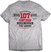 107 Jaar Legend - Feest kado T-Shirt Heren / Dames - Antraciet Grijs / Rood - Perfect Verjaardag Cadeau Shirt - grappige Spreuken, Zinnen en Teksten. Maat M