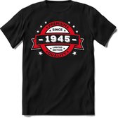 1945 Premium Quality | Feest Kado T-Shirt Heren - Dames | Rood - Wit | Perfect Verjaardag Cadeau Shirt | Grappige Spreuken - Zinnen - Teksten | Maat XXL