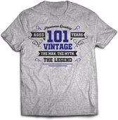 101 Jaar Legend - Feest kado T-Shirt Heren / Dames - Antraciet Grijs / Donker Blauw - Perfect Verjaardag Cadeau Shirt - grappige Spreuken, Zinnen en Teksten. Maat S