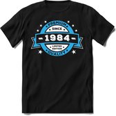 1984 Premium Quality | Feest Kado T-Shirt Heren - Dames | Blauw - Wit | Perfect Verjaardag Cadeau Shirt | Grappige Spreuken - Zinnen - Teksten | Maat 3XL