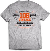 106 Jaar Legend - Feest kado T-Shirt Heren / Dames - Antraciet Grijs / Oranje - Perfect Verjaardag Cadeau Shirt - grappige Spreuken, Zinnen en Teksten. Maat 3XL