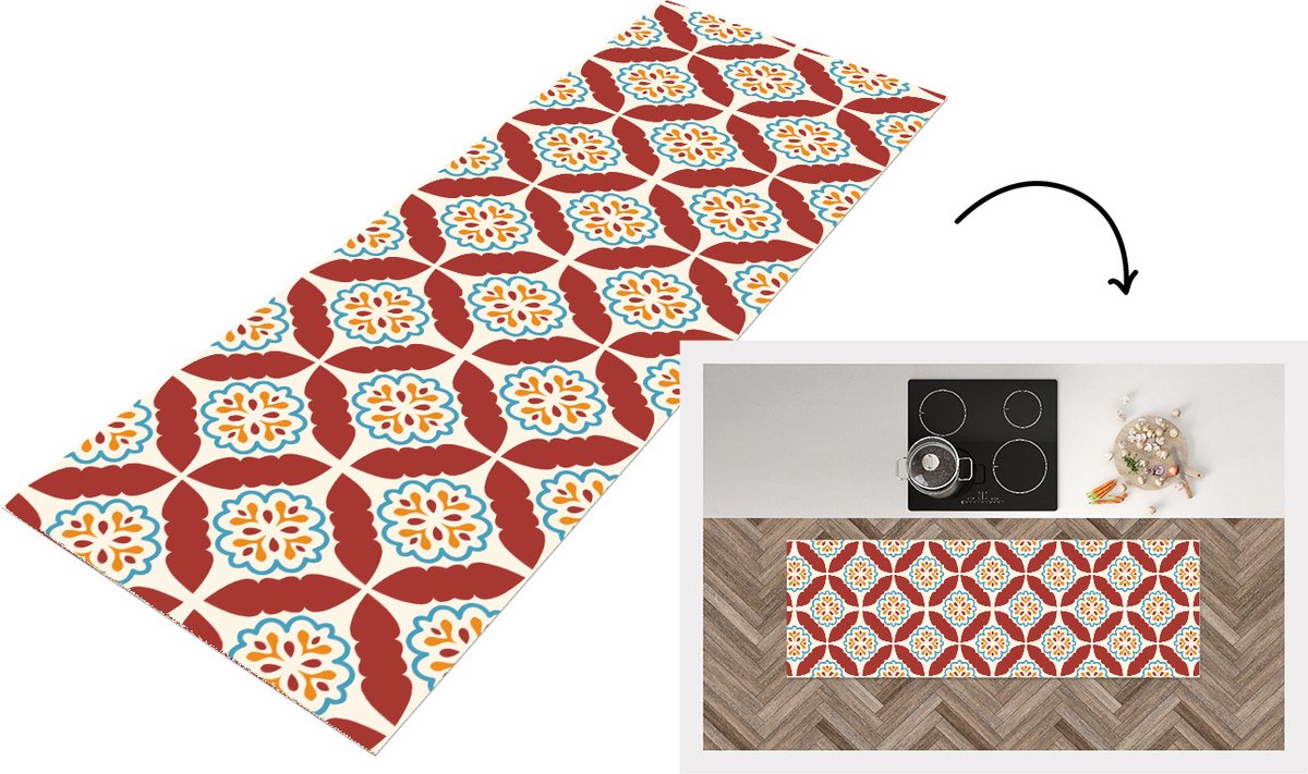 KitchenYeah Keukenloper - Loper keuken - Bloemen - Tegel - Patroon - 150x50 cm - Keukenloper vinyl Multicolor