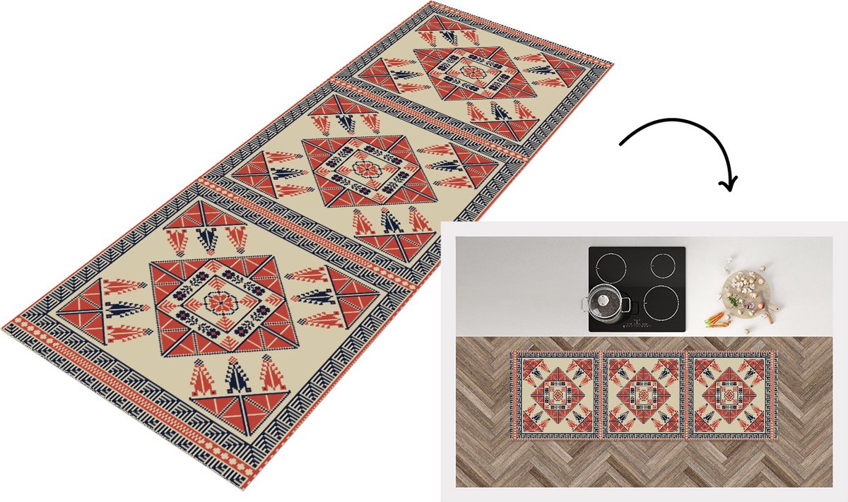 KitchenYeah Keukenloper - Loper keuken - Patronen - Tegel - Bloem - Borduren - Arabisch - 180x60 cm - Keukenloper vinyl Multicolor