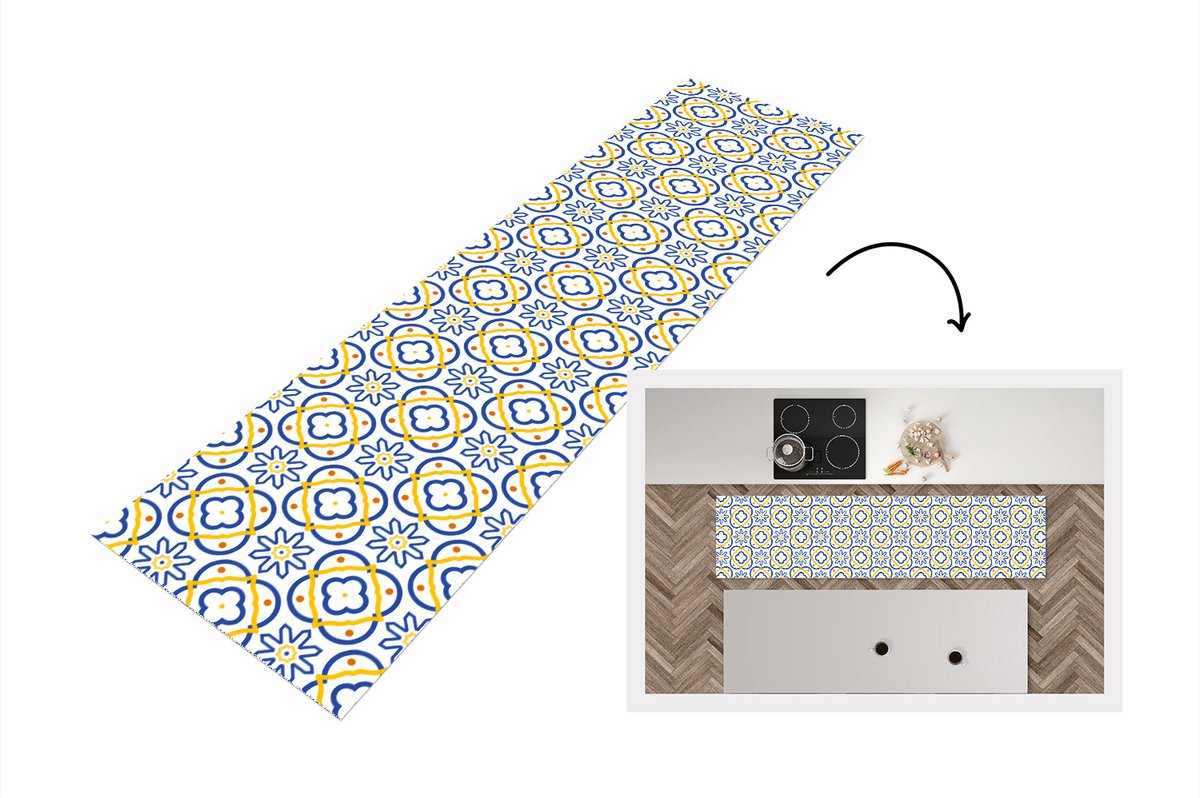 KitchenYeah Keukenloper - Loper keuken - Bloem - Blauw - Geel - Tegels - Patronen - 200x50 cm - Keukenloper vinyl Multicolor