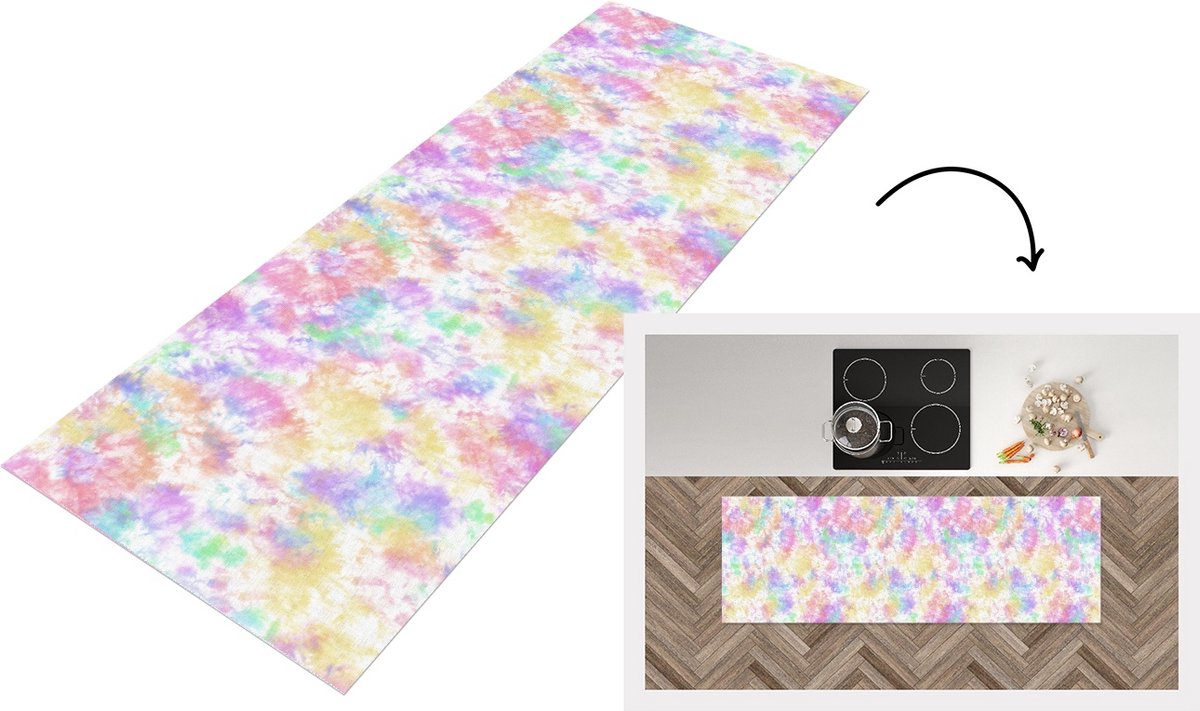 KitchenYeah Keukenloper - Loper keuken - Tie dye - Pastel - Regenboog - Verf - Patronen - 150x50 cm - Keukenloper vinyl Multicolor