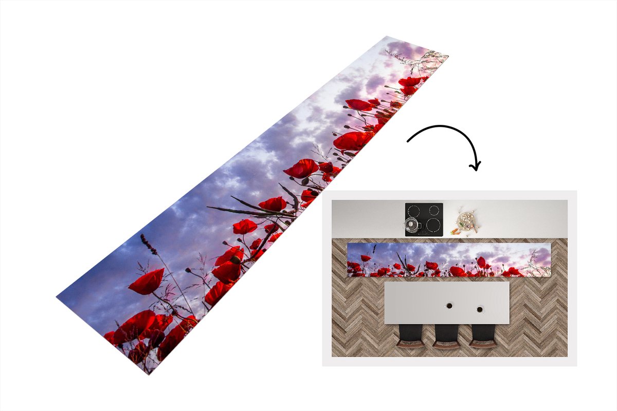 KitchenYeah Keukenloper - Loper keuken - Panorama van een kleurrijk veld klaprozen - 300x50 cm - Keukenloper vinyl Multicolor