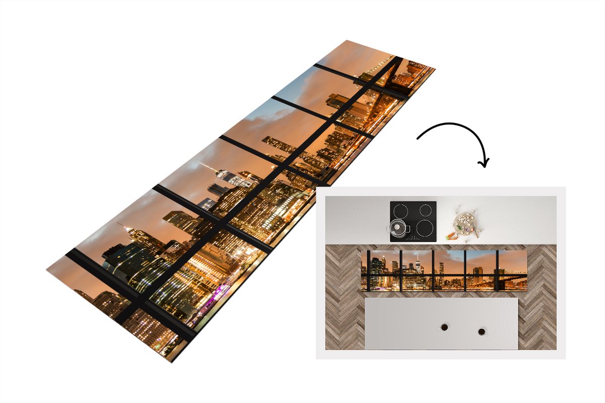 KitchenYeah Keukenloper - Loper keuken - Uitzicht op Manhattan in de naderende nacht - 200x50 cm - Keukenloper vinyl Multicolor