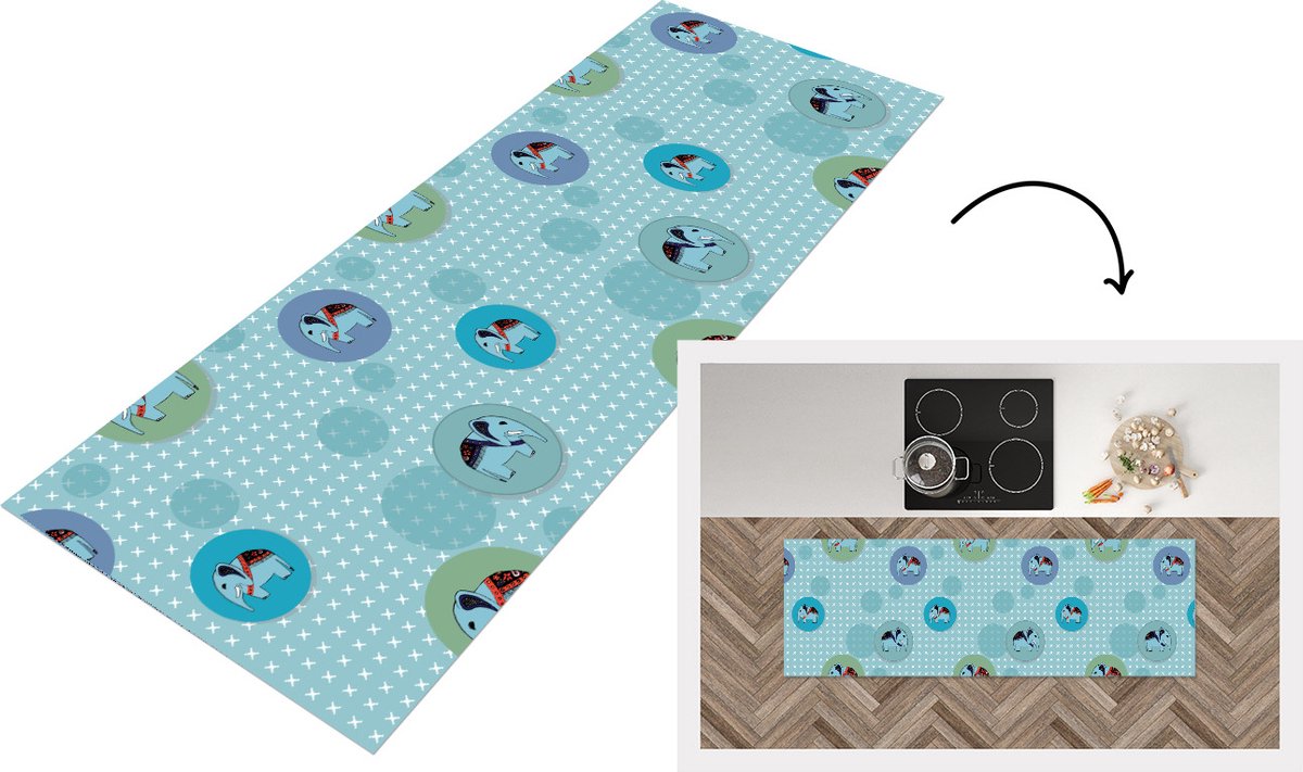 KitchenYeah Keukenloper - Loper keuken - Olifant - Stippen - Design - 150x50 cm - Keukenloper vinyl Multicolor