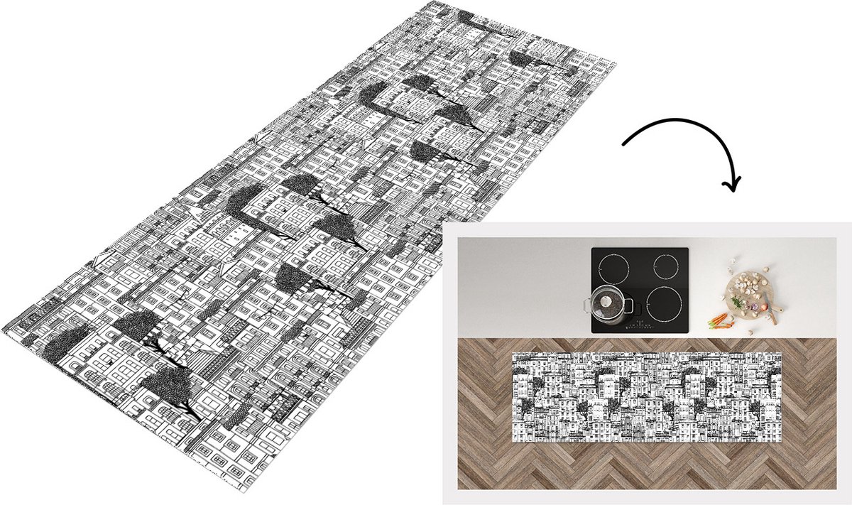 KitchenYeah Keukenloper - Loper keuken - Patroon - Huizen - Steden - 150x50 cm - Keukenloper vinyl Multicolor