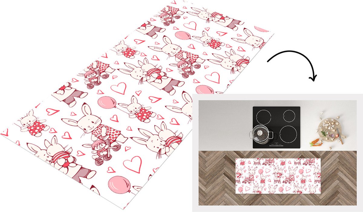KitchenYeah Keukenloper - Loper keuken - Konijnen - Liefde - Patronen - 120x50 cm - Keukenloper vinyl Multicolor
