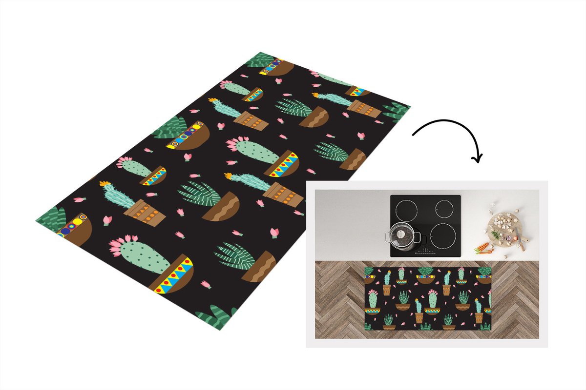 KitchenYeah Keukenloper - Loper keuken - Cactus - Patronen - Planten - 120x60 cm - Keukenloper vinyl Multicolor