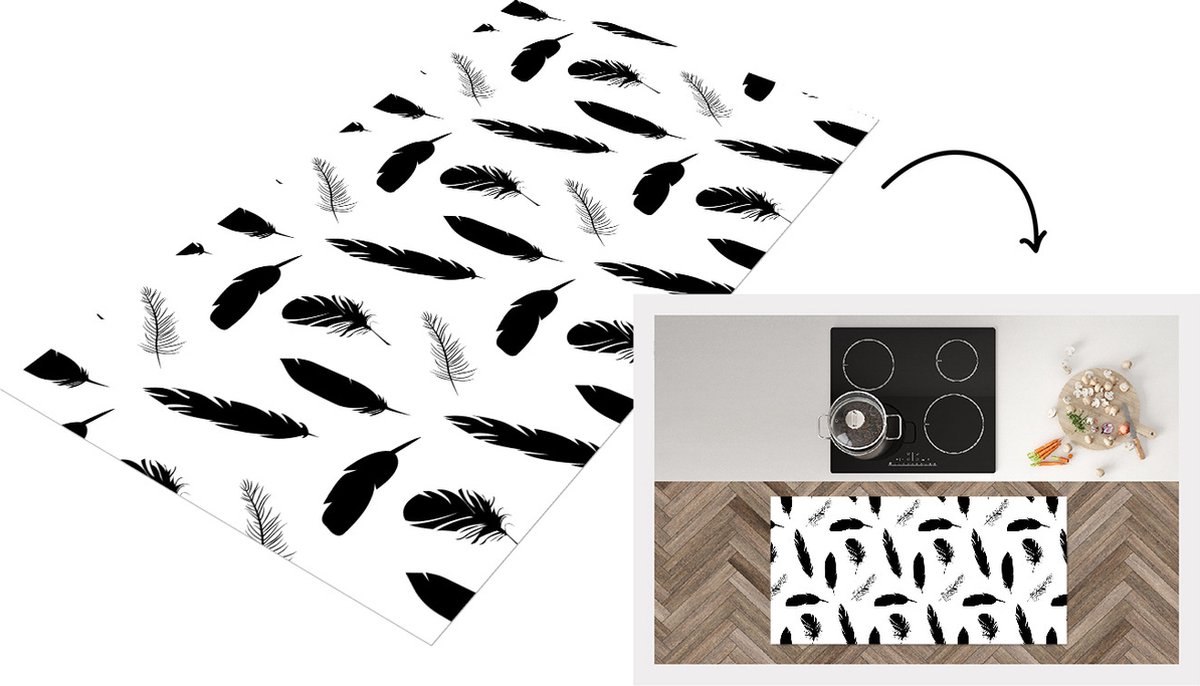 KitchenYeah Keukenloper - Loper keuken - Veren - Zwart Wit - Patroon - 120x60 cm - Keukenloper vinyl Zwart; Wit