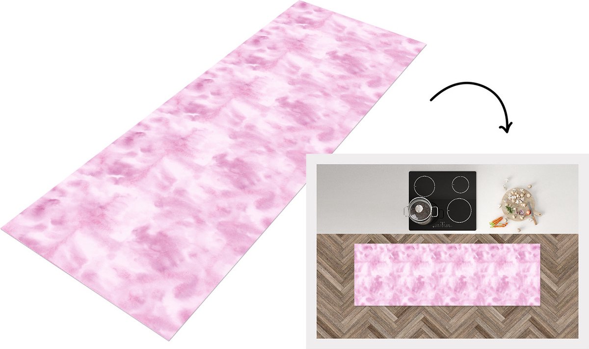 KitchenYeah Keukenloper - Loper keuken - Patroon - Waterverf - Roze - 180x60 cm - Keukenloper vinyl Multicolor
