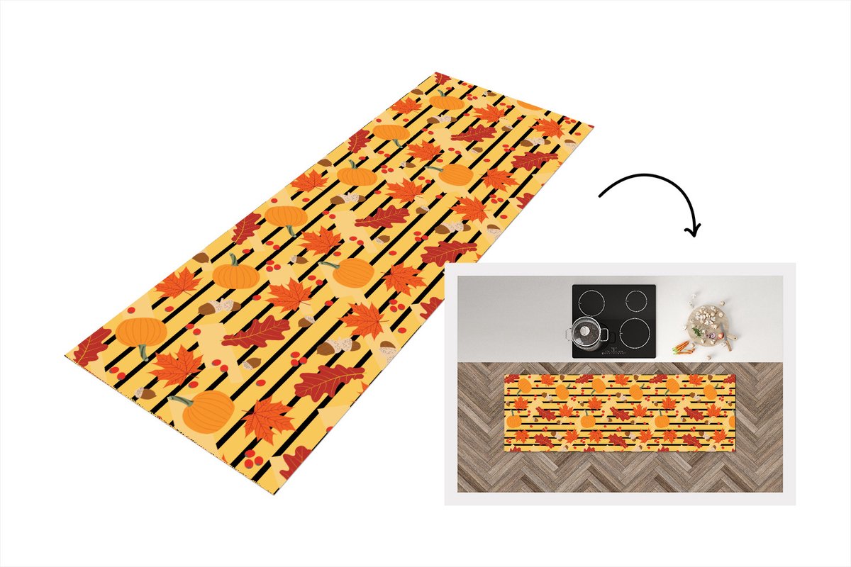 KitchenYeah Keukenloper - Loper keuken - Pompoen - Bes - Bladeren - Herfst - Patroon - 180x60 cm - Keukenloper vinyl Multicolor