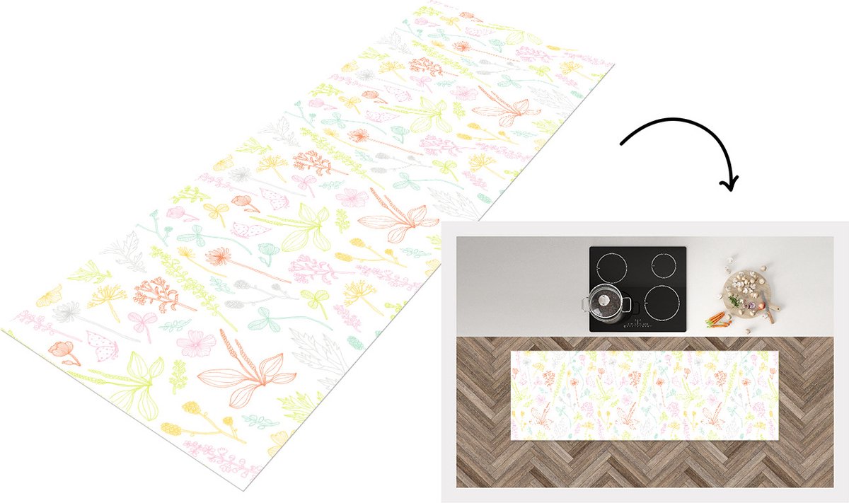 KitchenYeah Keukenloper - Loper keuken - Planten - Patronen - Tuin - Contour - Pastel - 150x50 cm - Keukenloper vinyl Multicolor