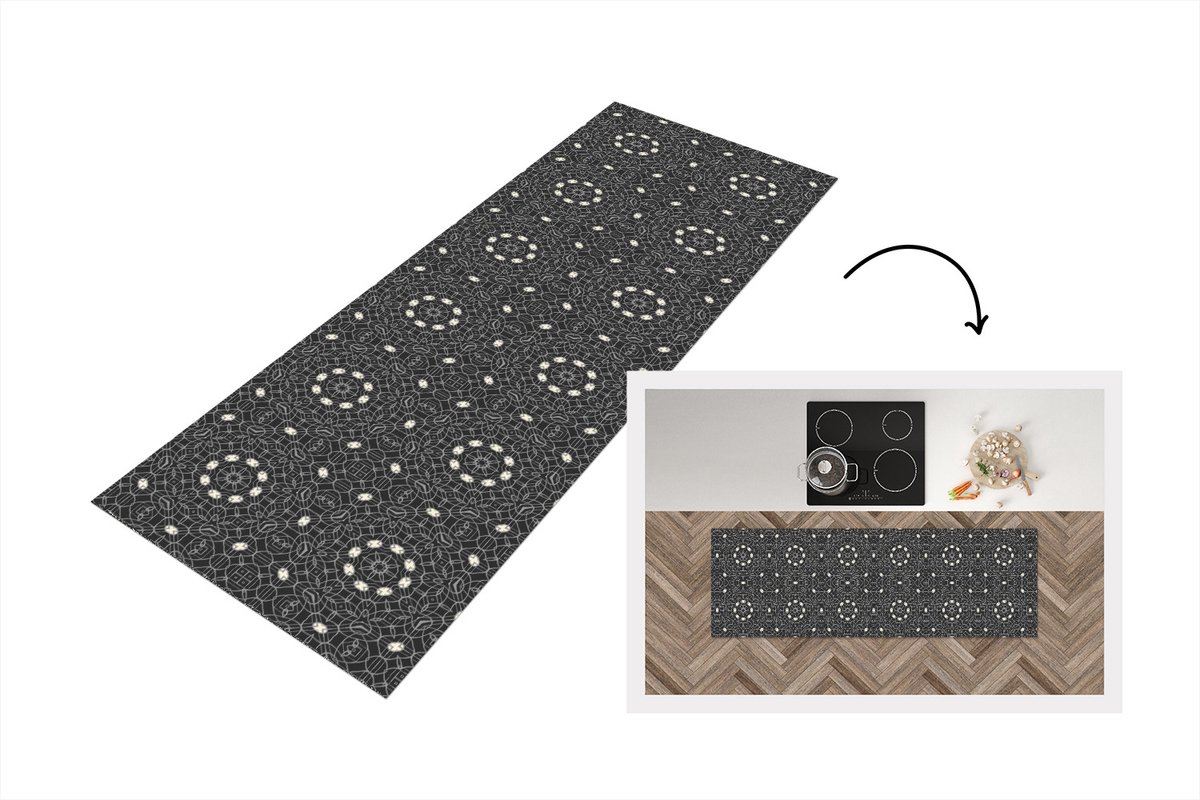 KitchenYeah Keukenloper - Loper keuken - Patronen - Zwart Wit - Ornament - 150x50 cm - Keukenloper vinyl Zwart; Wit