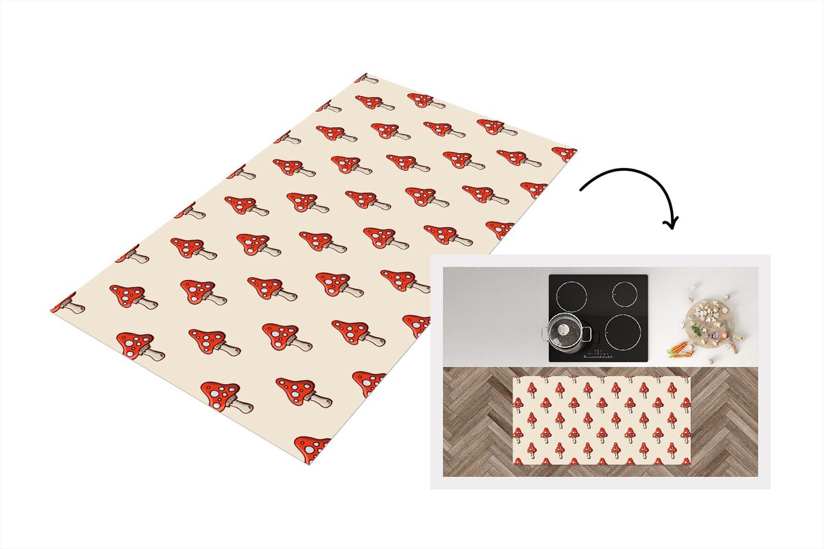 KitchenYeah Keukenloper - Loper keuken - Patronen - Herfst - Paddenstoel - Rood - 120x60 cm - Keukenloper vinyl Multicolor