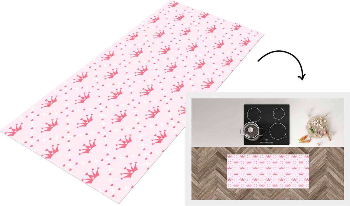 KitchenYeah Keukenloper - Loper keuken - Kroon - Patroon - Roze - Keukenloper vinyl Multicolor
