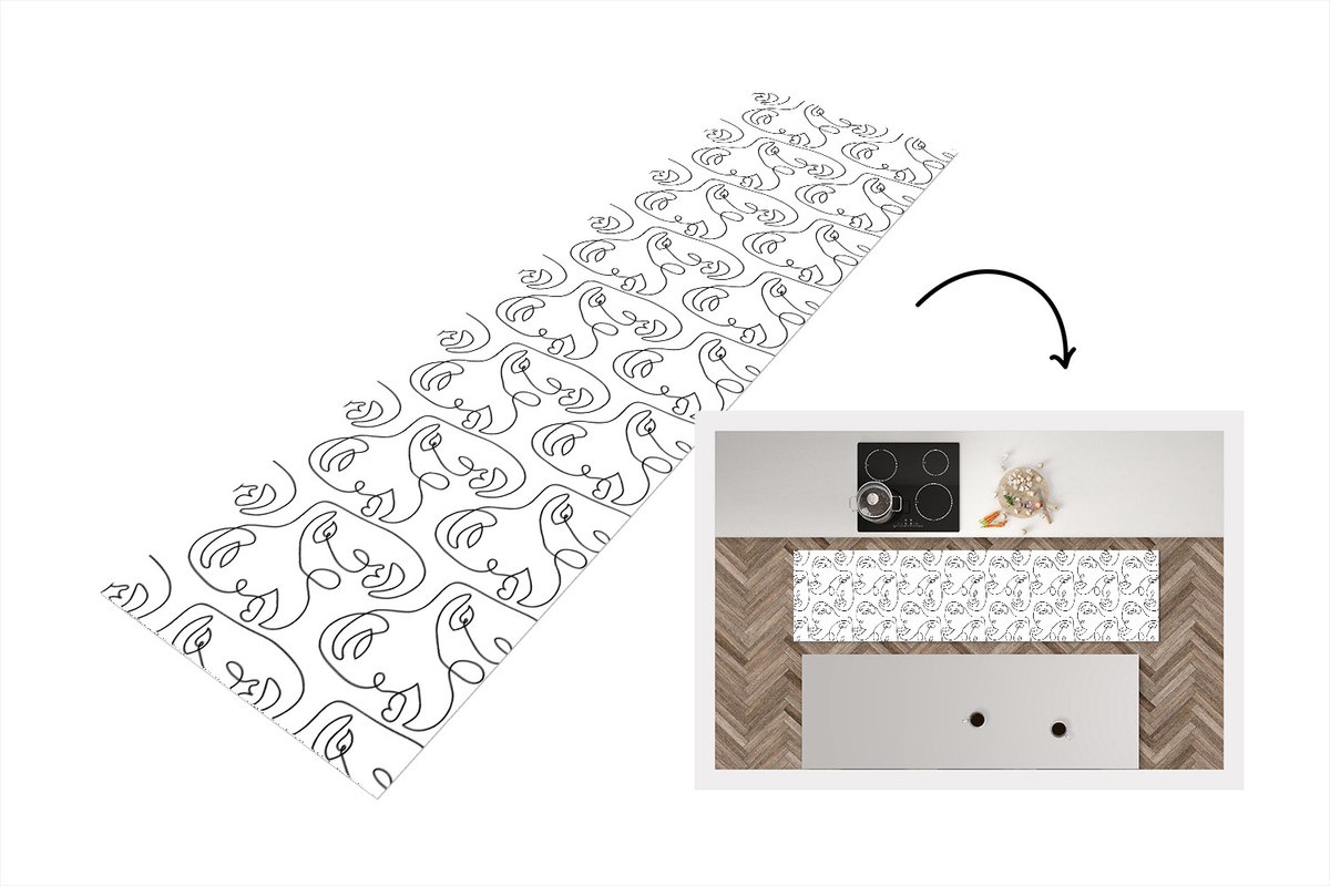 KitchenYeah Keukenloper - Loper keuken - Line Art - Patronen - Zwart Wit - 200x50 cm - Keukenloper vinyl Zwart; Wit