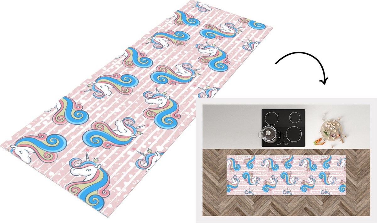 KitchenYeah Keukenloper - Loper keuken - Unicorn - Patronen - Roze - 180x60 cm - Keukenloper vinyl Multicolor