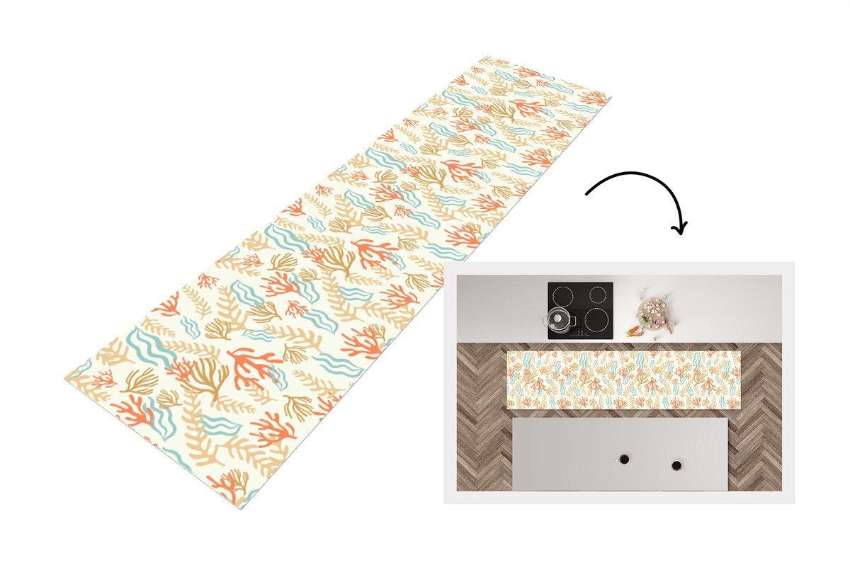 KitchenYeah Keukenloper - Loper keuken - Patronen - Strand - Zee - Waterplanten - 200x50 cm - Keukenloper vinyl Multicolor