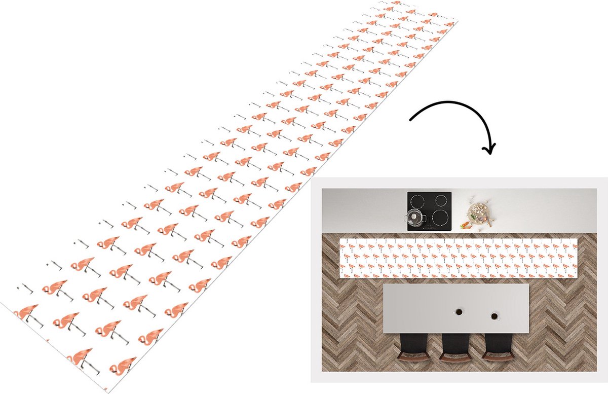KitchenYeah Keukenloper - Loper keuken - Patronen - Vogel - Flamingo - 300x50 cm - Keukenloper vinyl Multicolor