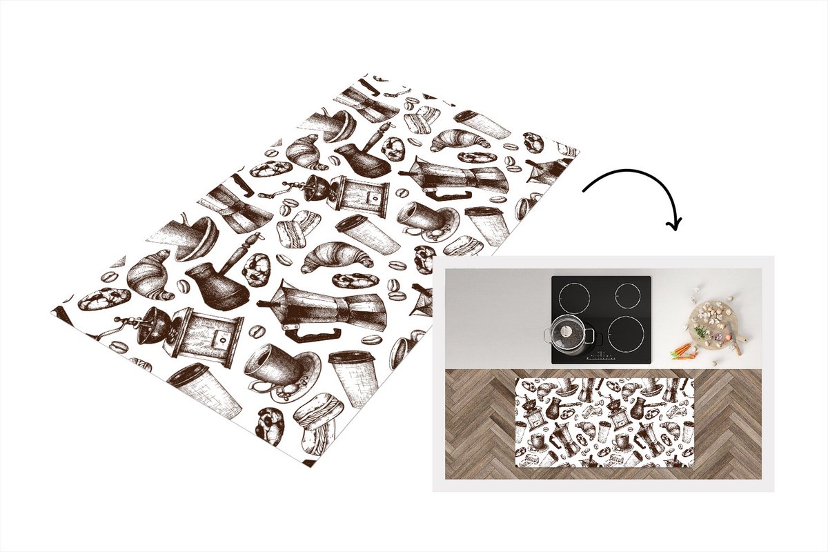 KitchenYeah Keukenloper - Loper keuken - Koffie - Croissant - Patroon - 120x60 cm - Keukenloper vinyl Multicolor