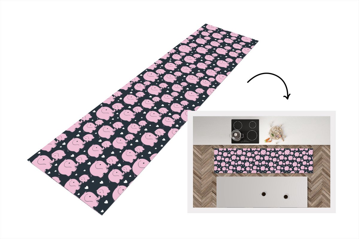 KitchenYeah Keukenloper - Loper keuken - Olifant - Hart - Patroon - 200x50 cm - Keukenloper vinyl Multicolor