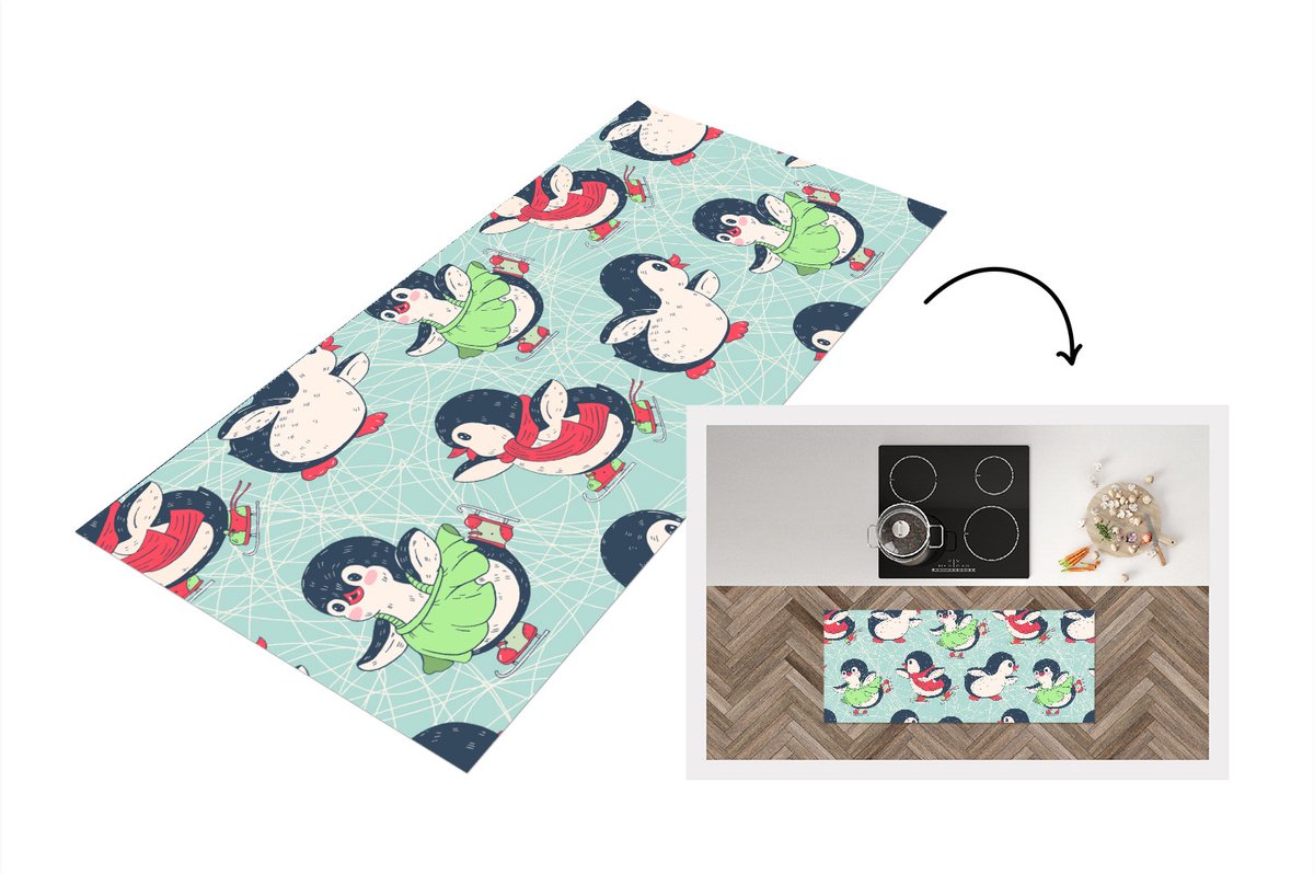KitchenYeah Keukenloper - Loper keuken - Pinguïn - Schaatsen - Design - 120x50 cm - Keukenloper vinyl Multicolor