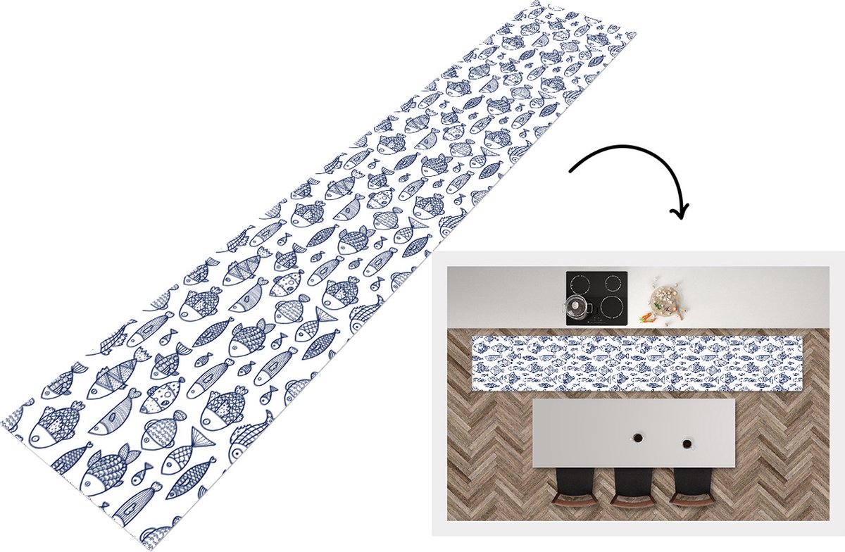 KitchenYeah Keukenloper - Loper keuken - Vissen - Scandinavië - Patronen - 300x50 cm - Keukenloper vinyl Multicolor
