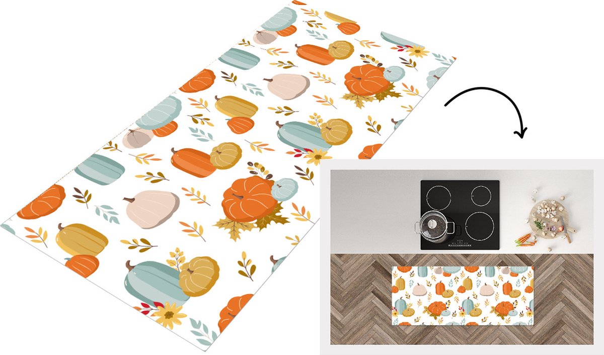 KitchenYeah Keukenloper - Loper keuken - Pompoen - Herfst - Patroon - 120x50 cm - Keukenloper vinyl Multicolor