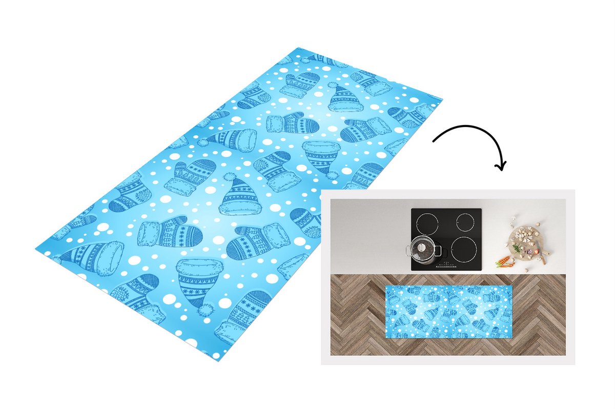 KitchenYeah Keukenloper - Loper keuken - Handschoenen - Muts - Winter - Patronen - 120x50 cm - Keukenloper vinyl Multicolor