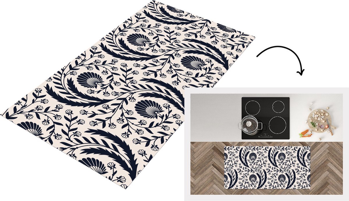 KitchenYeah Keukenloper - Loper keuken - Patroon - Bloem - Zwart - 120x60 cm - Keukenloper vinyl Multicolor