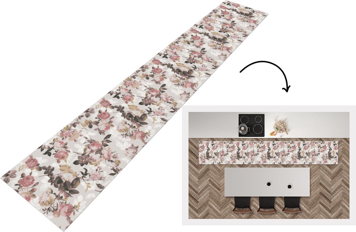 KitchenYeah Keukenloper - Loper keuken - Patroon - Bloem - Roze - 300x50 cm - Keukenloper vinyl Multicolor
