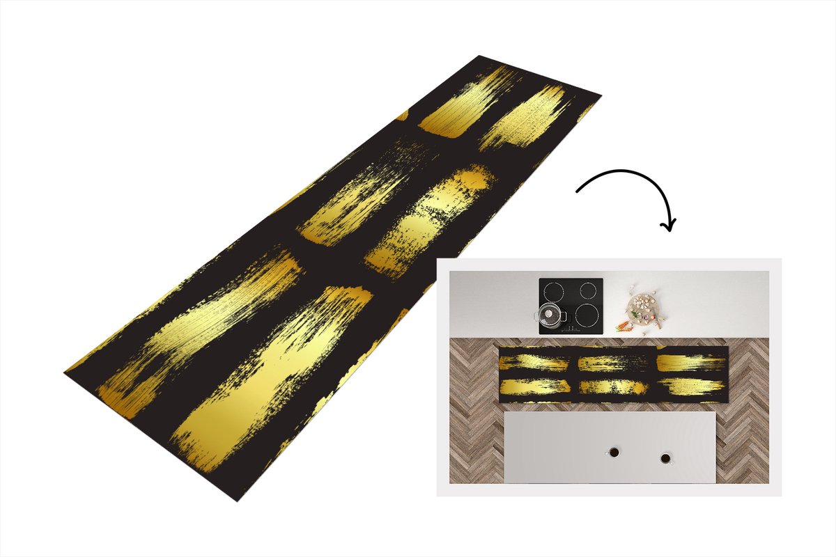 KitchenYeah Keukenloper - Loper keuken - Gouden strepen op een zwarte achtergrond - 200x50 cm - Keukenloper vinyl Multicolor