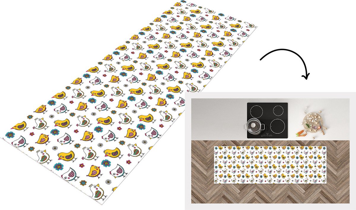 KitchenYeah Keukenloper - Loper keuken - Kip - Bloemen - Lente - Patronen - Kinderen - 180x60 cm - Keukenloper vinyl Multicolor