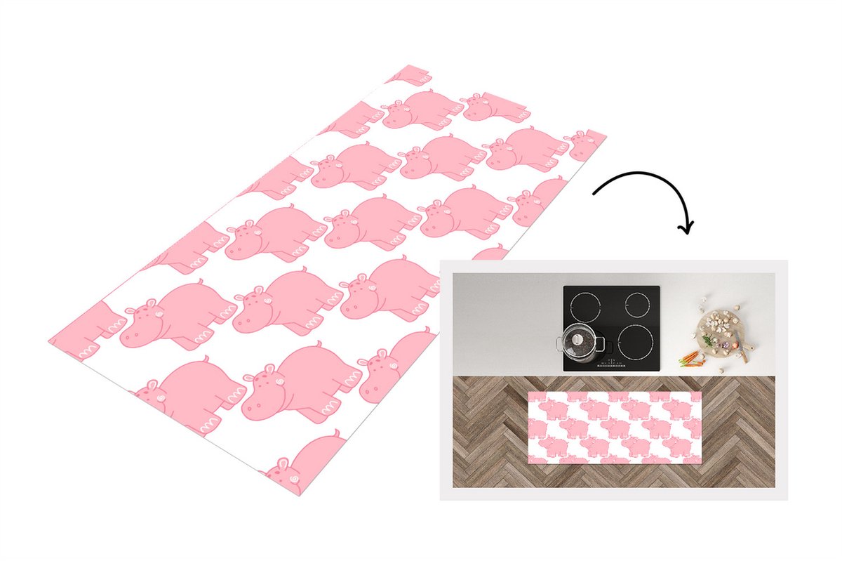 KitchenYeah Keukenloper - Loper keuken - Nijlpaard - Roze - Meisje - Kind - Patronen - Keukenloper vinyl Multicolor