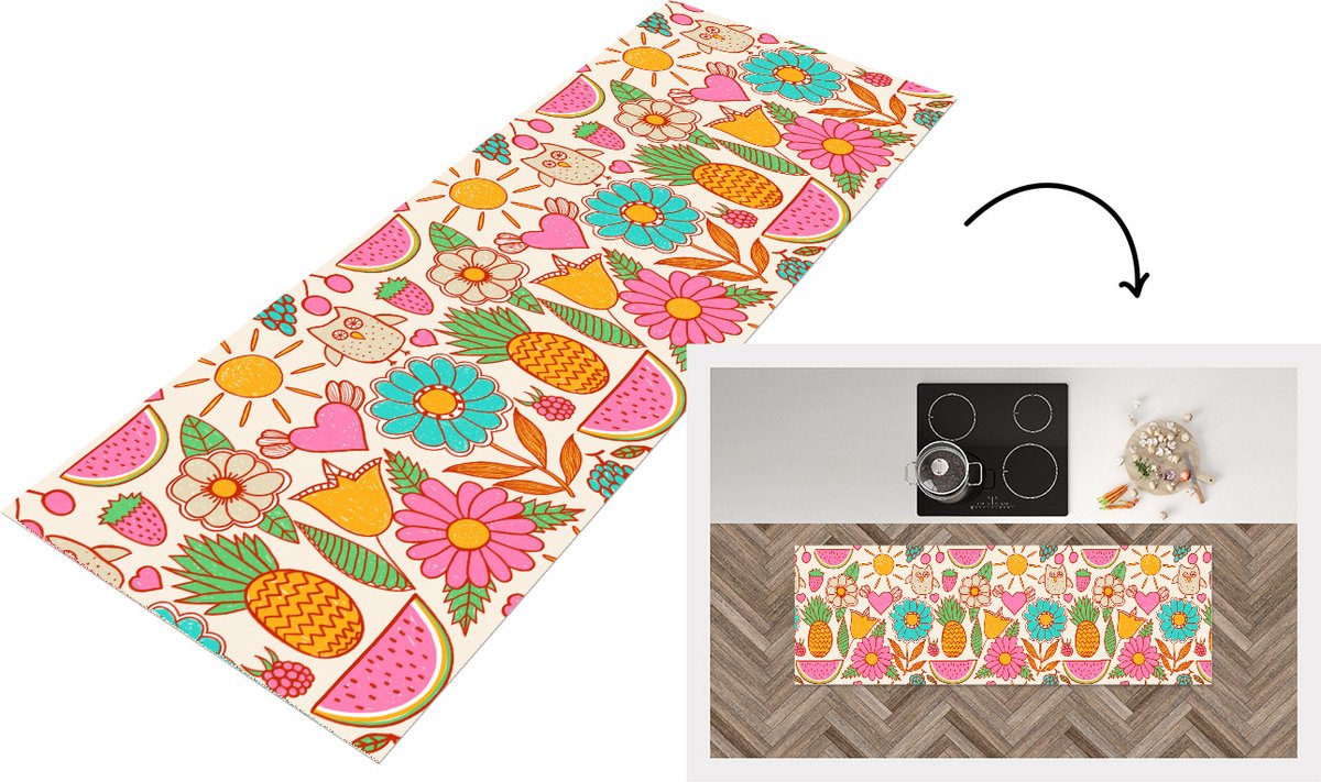 KitchenYeah Keukenloper - Loper keuken - Uil - Regenboog - Bloemen - Kinderen - Patroon - 150x50 cm - Keukenloper vinyl Multicolor