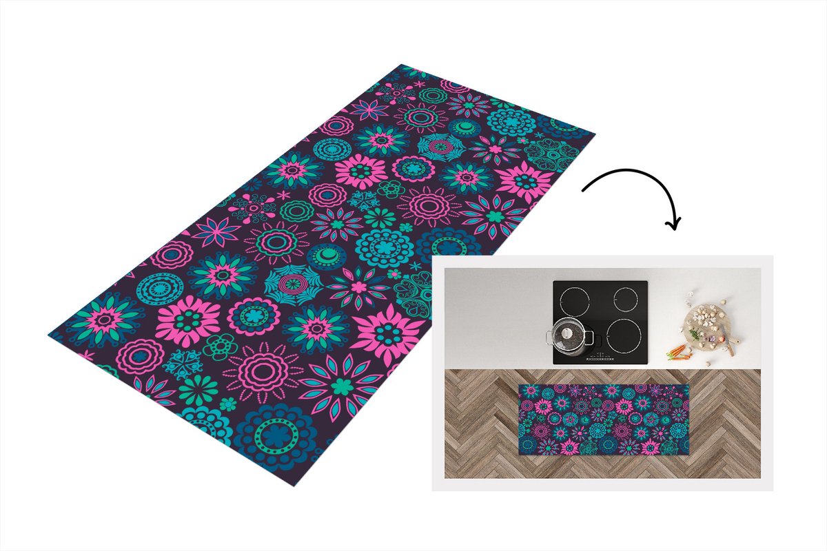KitchenYeah Keukenloper - Loper keuken - Neon - Bloemen - Patronen - 120x50 cm - Keukenloper vinyl Multicolor