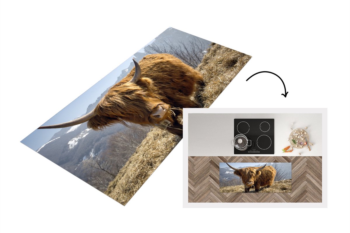 KitchenYeah Keukenloper - Loper keuken - Schotse Hooglander - Berg - Sneeuw - 120x50 cm - Keukenloper vinyl Multicolor