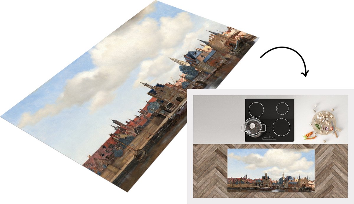 KitchenYeah Keukenloper - Loper keuken - Gezicht op Delft - Schilderij van Johannes Vermeer - 120x60 cm - Keukenloper vinyl Multicolor