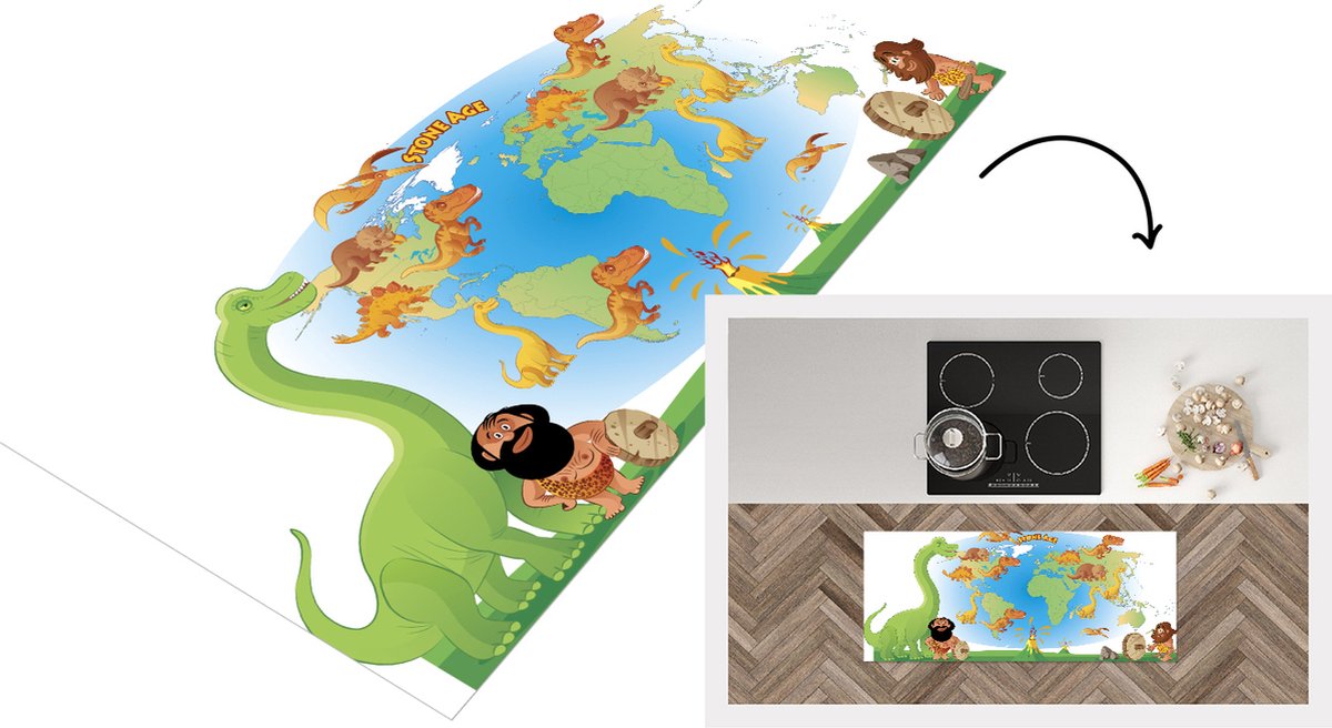 KitchenYeah Keukenloper - Loper keuken - Wereldkaart Kinderen - Dinosaurus - Vulkaan - Keukenloper vinyl Multicolor