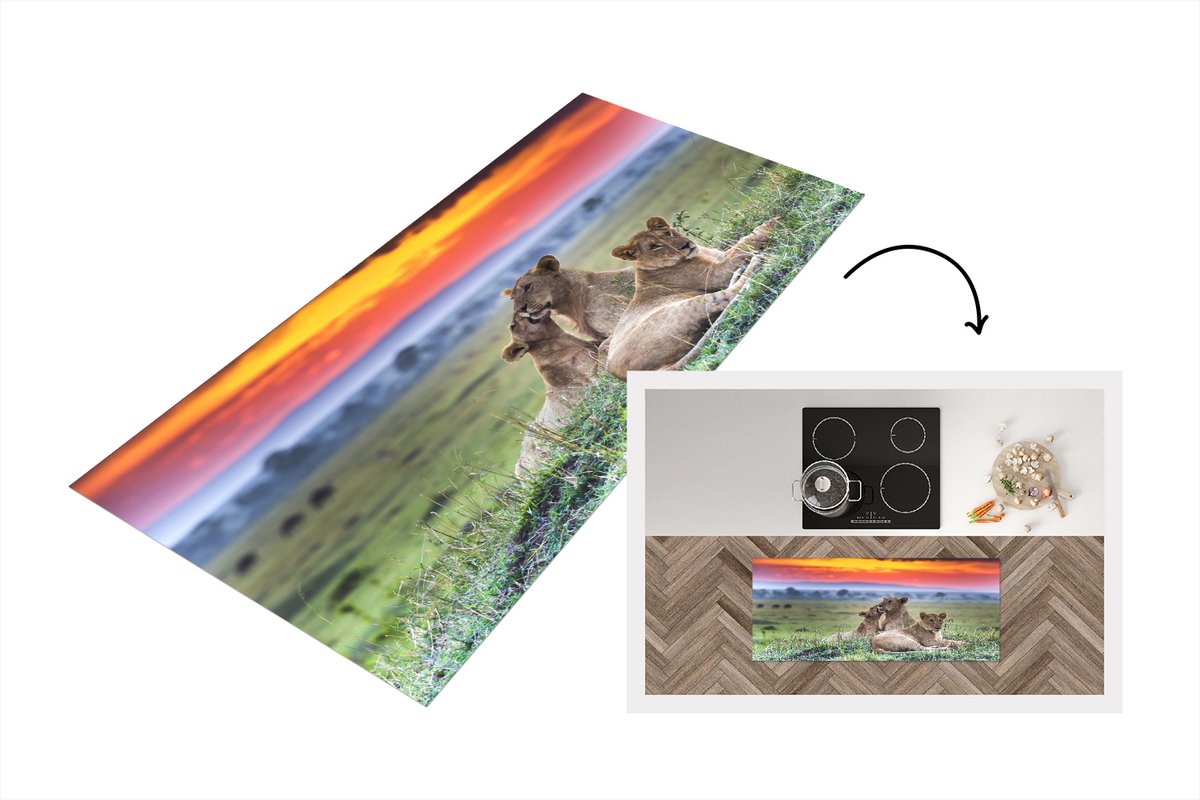 KitchenYeah Keukenloper - Loper keuken - Leeuwen tijdens zonsopkomst - 120x50 cm - Keukenloper vinyl Multicolor